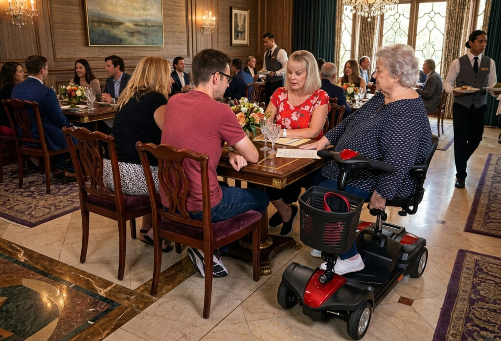 An older woman using her MiniRider Lite mobility scooter with a basket to join family for a formal restaurant dinner.