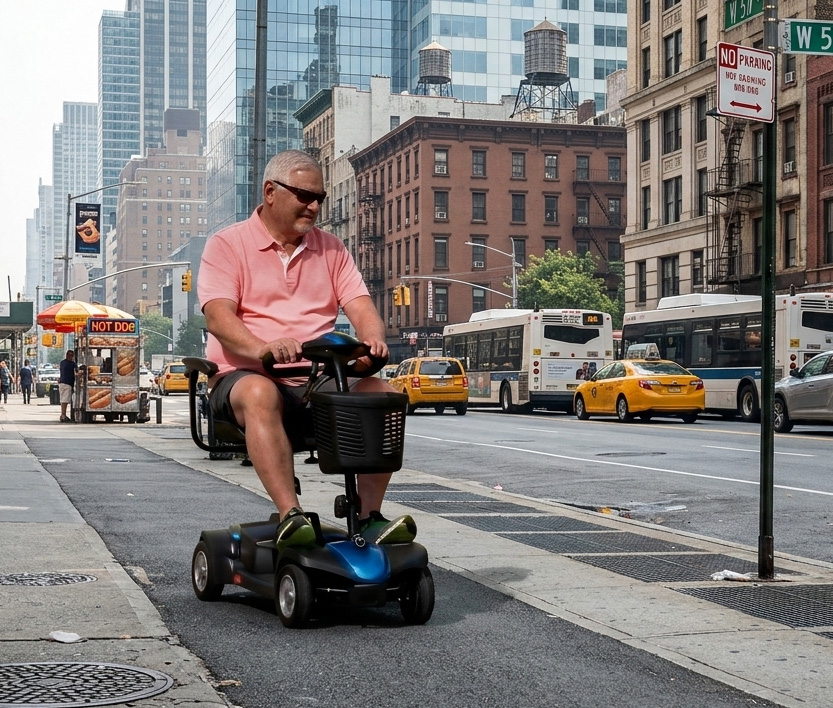 A senior man navigating a busy New York City street on a MiniRider Lite 4-wheel electric scooter.