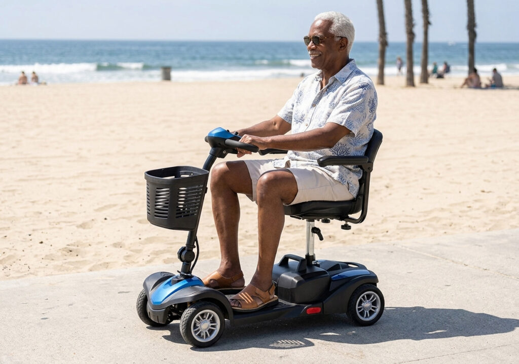 A smiling senior man in a floral shirt riding his MiniRider Lite scooter on a sunny beach boardwalk by the ocean.