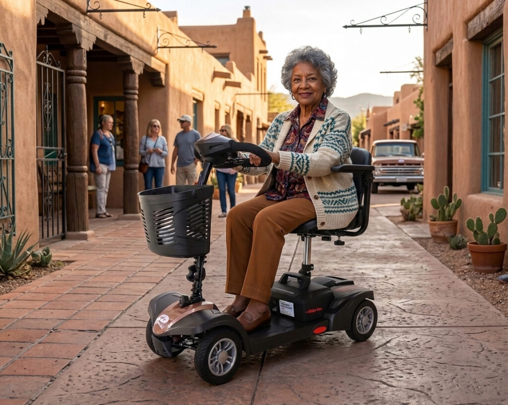 A senior woman in a patterned sweater operating her MiniRider Lite travel scooter on a paved historic Southwestern adobe street.