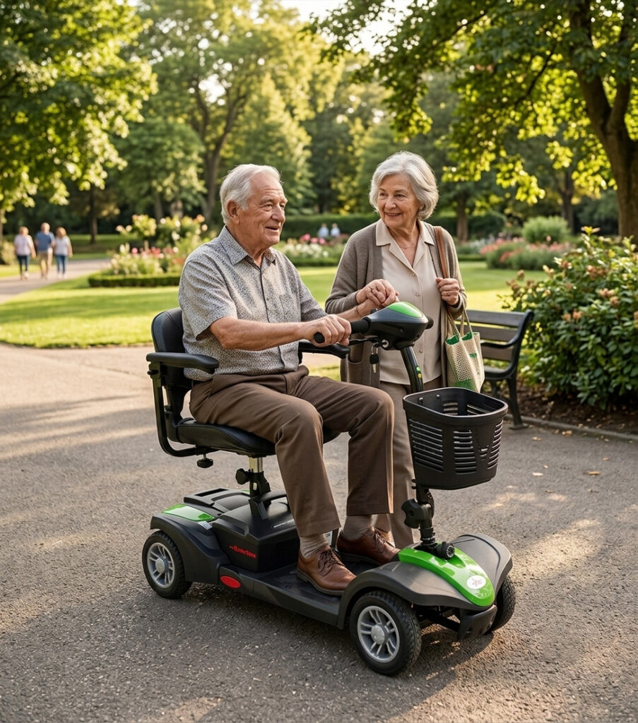 A senior man riding his MiniRider Lite scooter and his wife walking alongside him through a well-manicured public park.