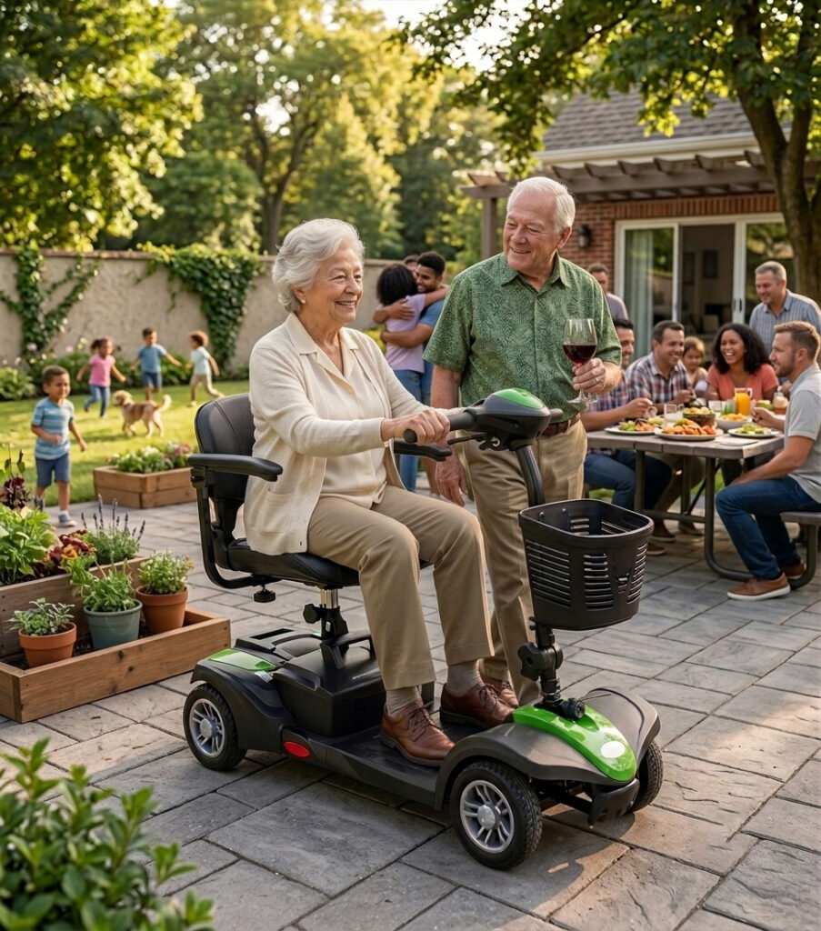 A smiling senior woman operating her MiniRider Lite mobility scooter next to her walking husband at a backyard family reunion and dinner party.