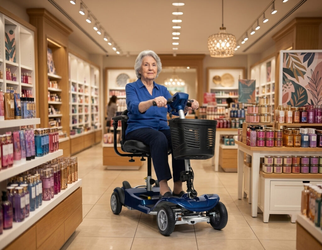 An elderly woman sitting on a blue Nomad mobility scooter inside a brightly lit cosmetics and home fragrance retail store, surrounded by shelves of products.