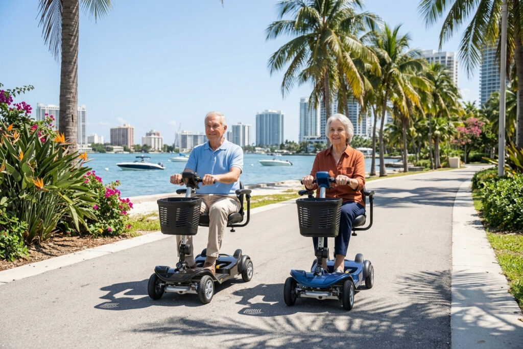 An elderly man and woman riding a black and a blue Nomad mobility scooter along a sunny paved path in a Miami waterfront park with palm trees and a city skyline backdrop.