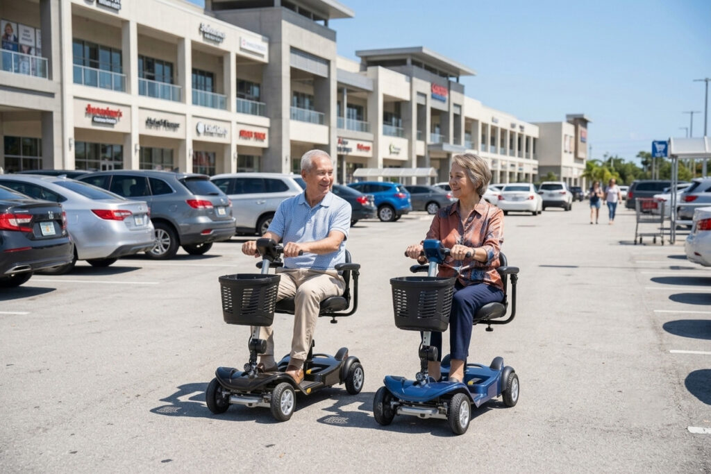 An elderly Asian couple driving a black and a blue Nomad mobility scooter through a sunny outdoor shopping center parking lot.