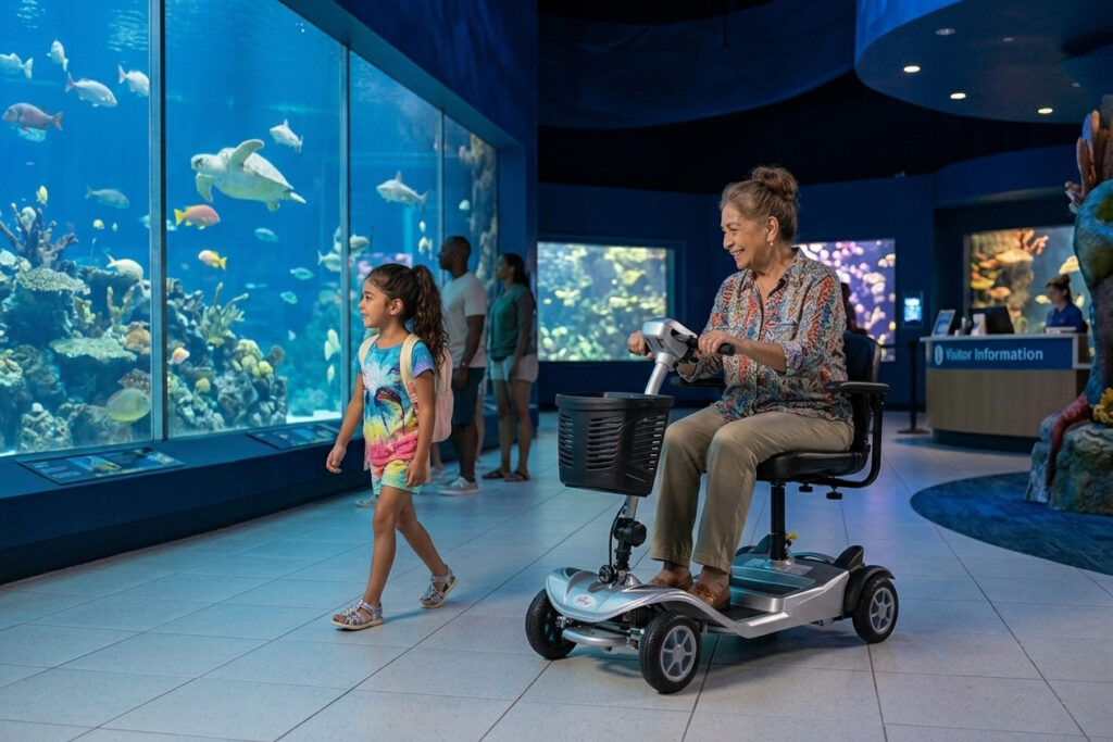 An elderly Hispanic woman driving a silver Nomad mobility scooter next to a young girl walking alongside her, looking at a large fish tank inside an aquarium.