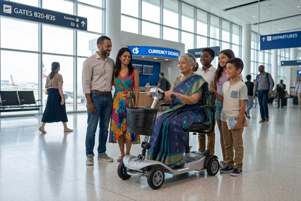 An elderly Hindu woman wearing a traditional saree drives a silver Nomad mobility scooter inside a bright airport terminal, surrounded by her standing multi-ethnic family.
