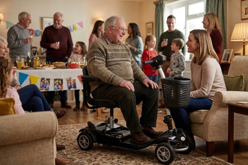 An elderly man with glasses sitting on a black Nomad mobility scooter while conversing with a woman during a lively indoor family gathering.