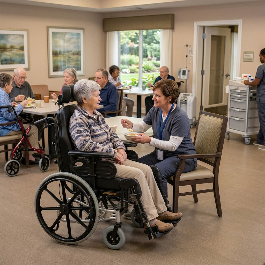 Caregiver feeding senior woman in a SPRING wheelchair in a hospital dining room.
