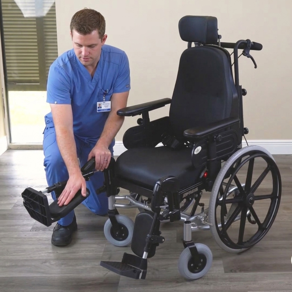Caregiver in blue scrubs adjusting the footrest of a black SPRING wheelchair.