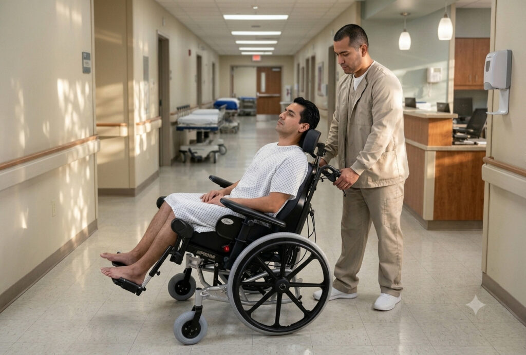 Orderly pushing a patient in a SPRING wheelchair down a hospital hallway.