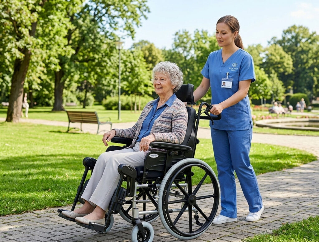 Female nurse pushing an elderly woman in a SPRING wheelchair through a park.