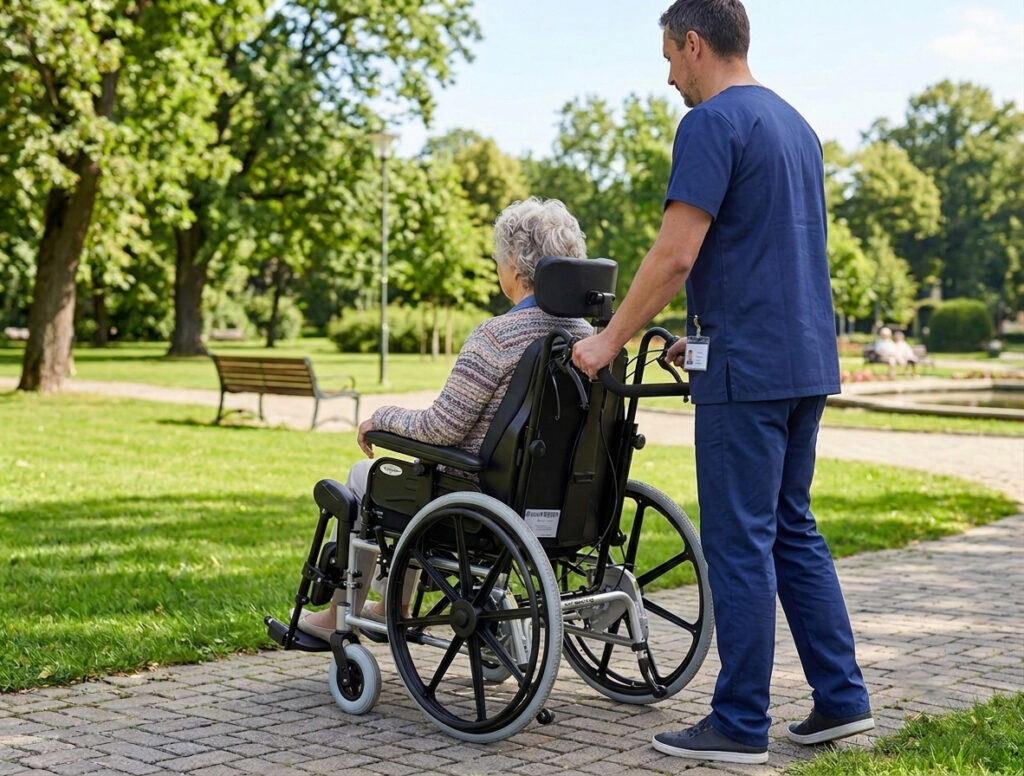 Male caregiver from behind pushing senior woman in a SPRING wheelchair in a park.