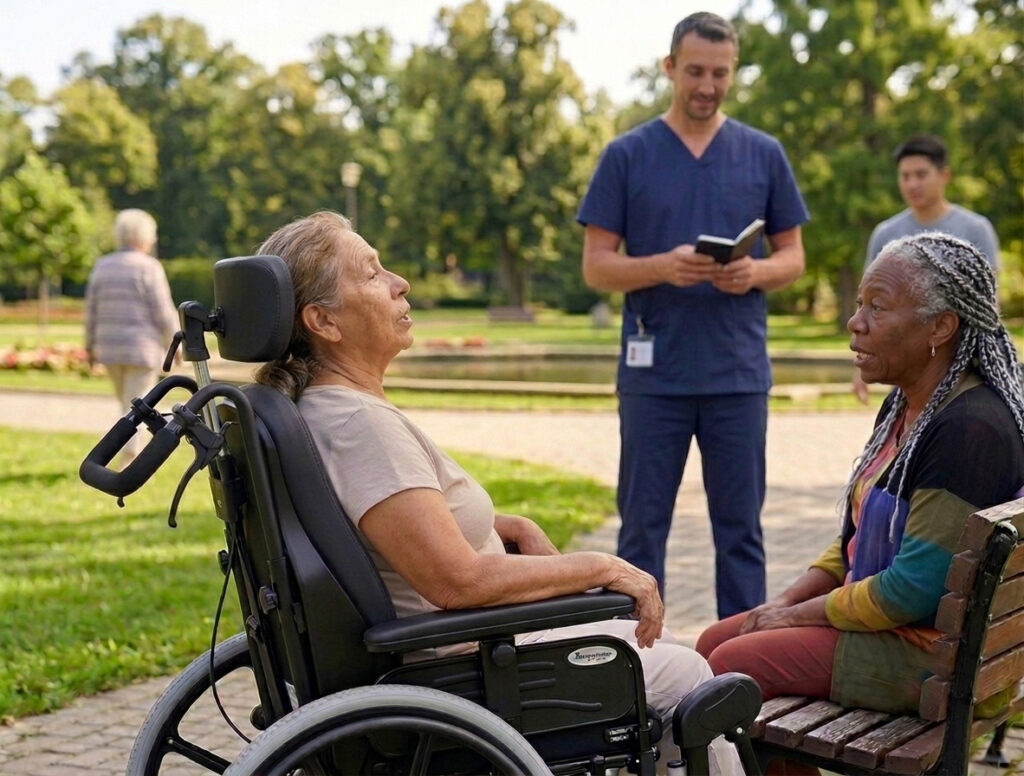 Reclined woman in a SPRING wheelchair talking with a friend in a park.