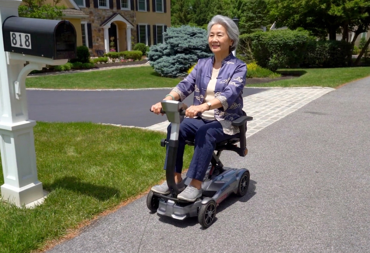 An older couple at a vineyard resort with the man riding a red EV Rider Transport folding scooter, illustrating freedom of movement.