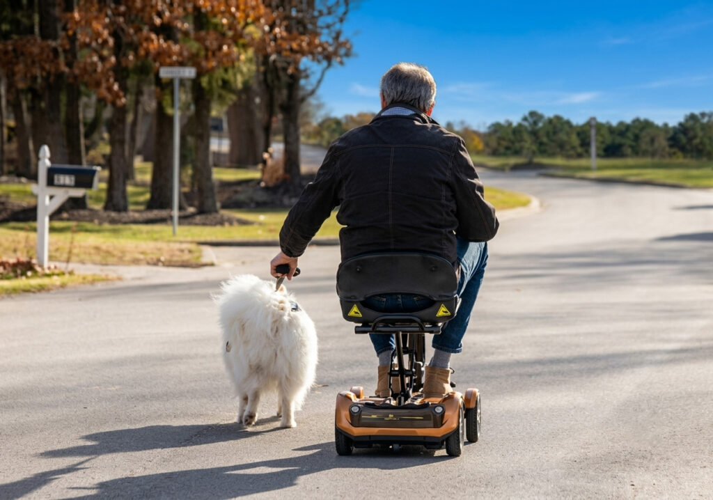 Rear view of a man riding a gold EV Rider Transport AF 4W four-wheel mobility scooter while walking a white dog on a paved street