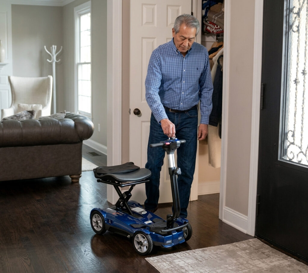 Senior man standing next to a folded blue EV Rider Transport 4AF travel scooter by a closet doorway
