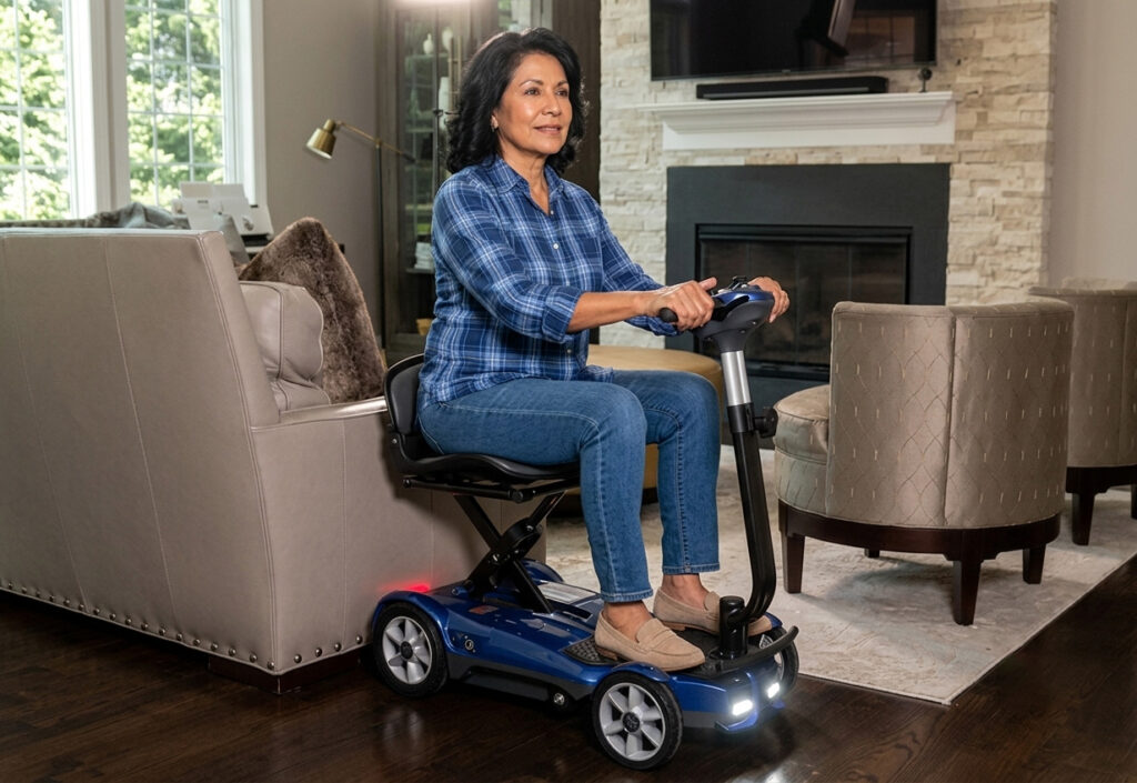 Woman driving a blue EV Rider Transport AF 4W automatic folding mobility scooter in a home living room