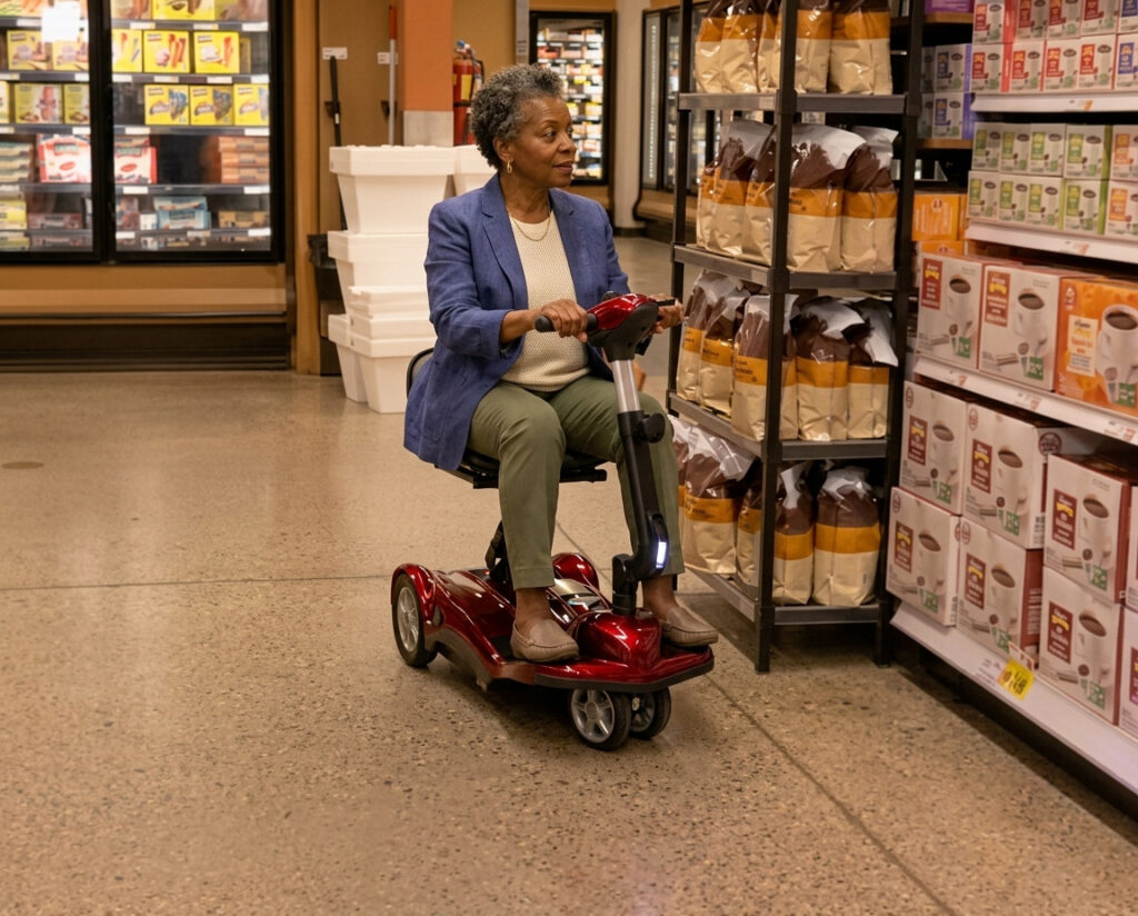 A woman navigates grocery store aisles using the compact EV Rider Transport AF+ mobility scooter.