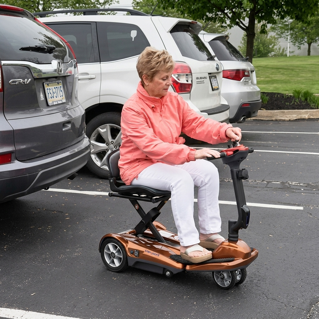 An elderly woman sits comfortably on the EV Rider Transport AF+ mobility scooter in a parking lot.
