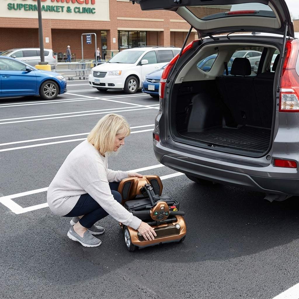 A woman easily folds the EV Rider Transport AF+ mobility scooter to fit into a car trunk.