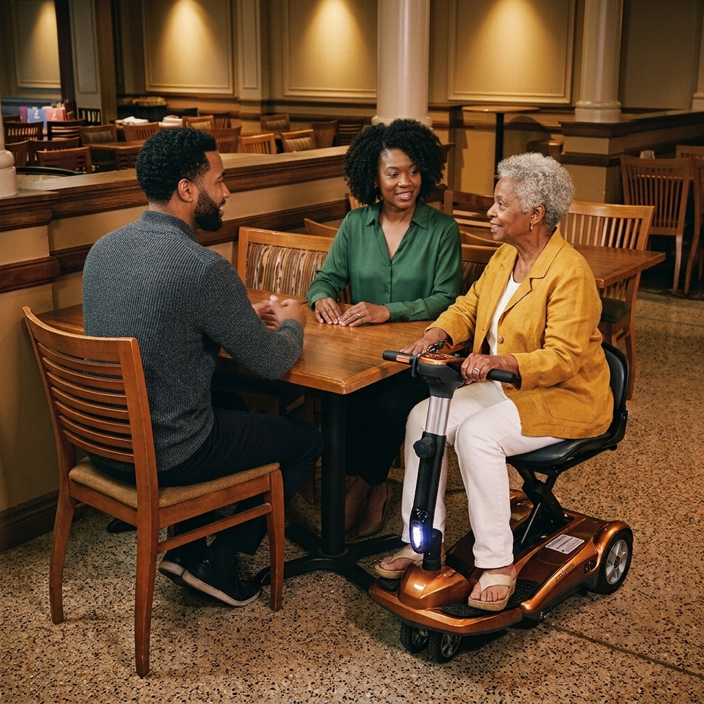 A family chats around a restaurant table with an EV Rider Transport AF+ mobility scooter parked nearby.