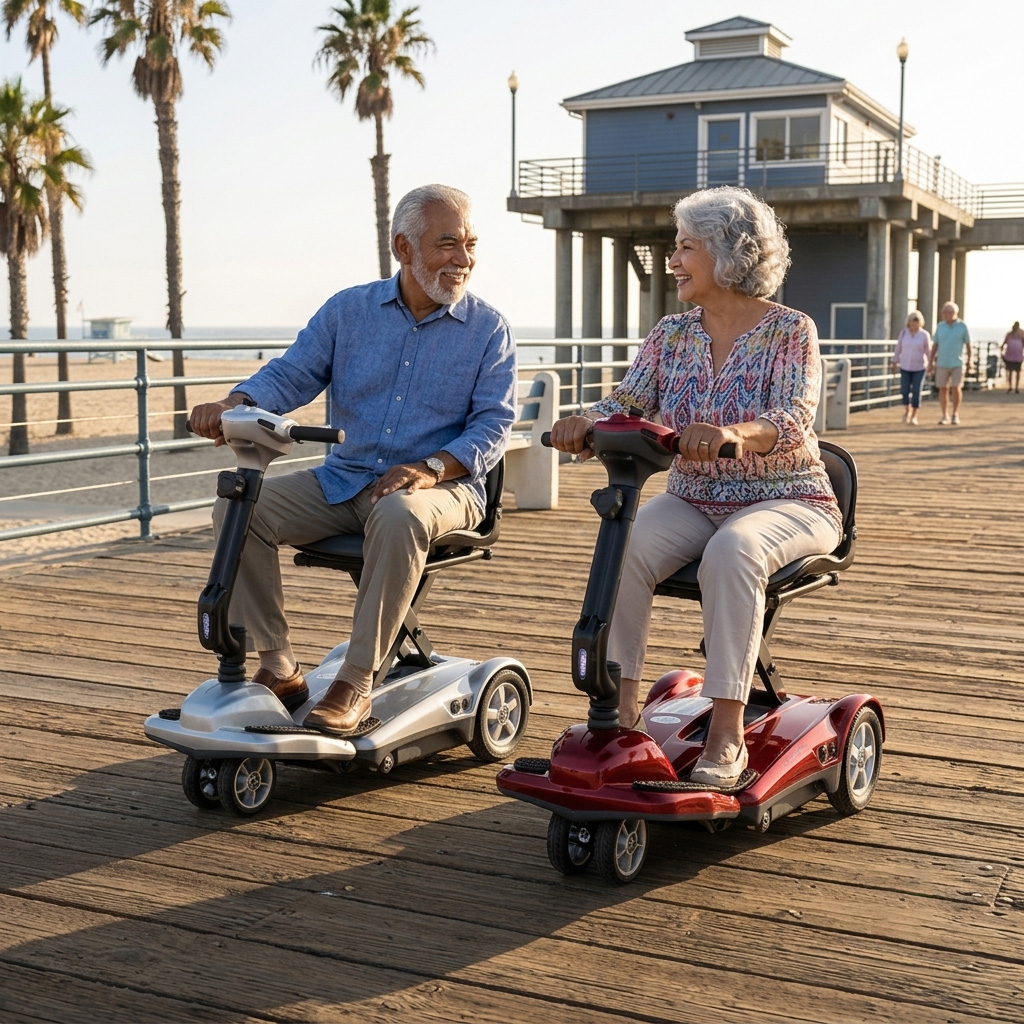 A senior couple enjoys a boardwalk ride with their two EV Rider Transport AF+ mobility scooters.