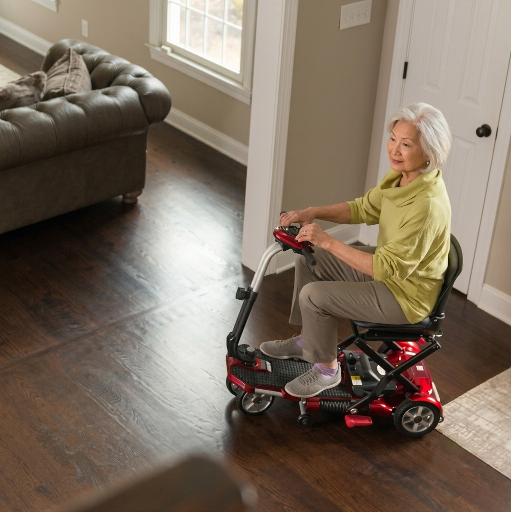 A woman riding a Transport Plus mobility scooter on a wooden floor in a living room.