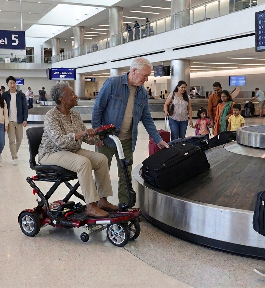 An elderly couple at an airport with one of them on a Transport Plus mobility scooter, looking at luggage.
