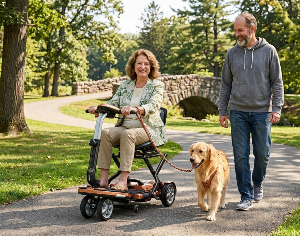 A woman on a Transport Plus mobility scooter with a man and a dog on a leash, in a park.