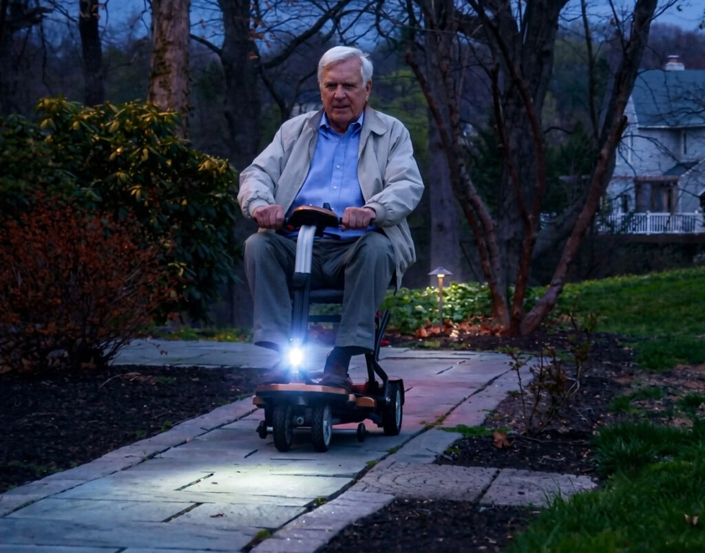 An elderly man riding a Transport Plus mobility scooter on a path at night, with a headlight on.