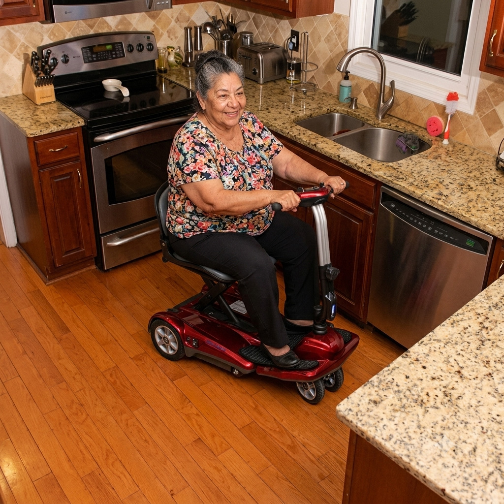 A woman on a Transport Plus mobility scooter in a kitchen, looking ahead.