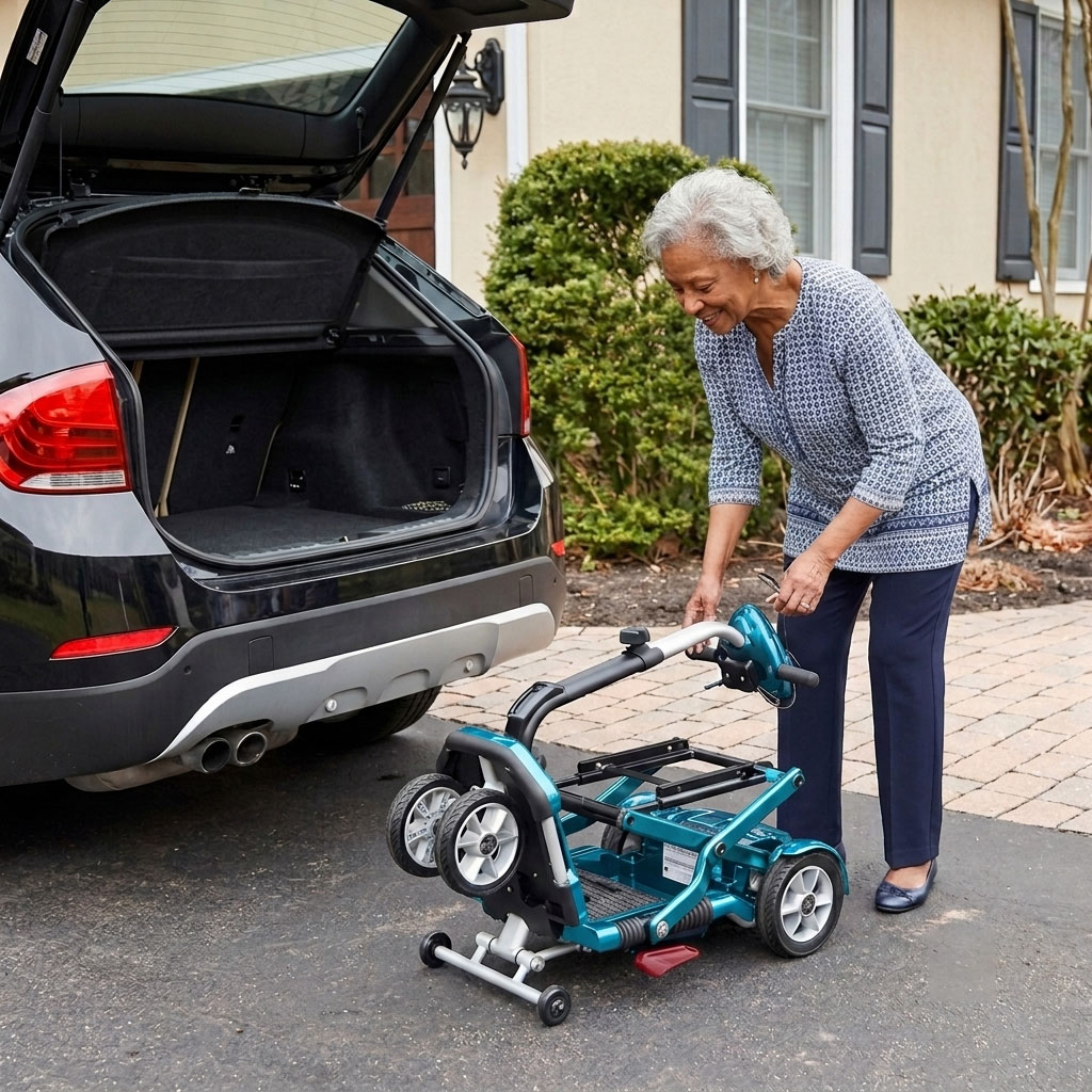 A woman on a Transport Plus mobility scooter getting ready to put it in the trunk of a car.