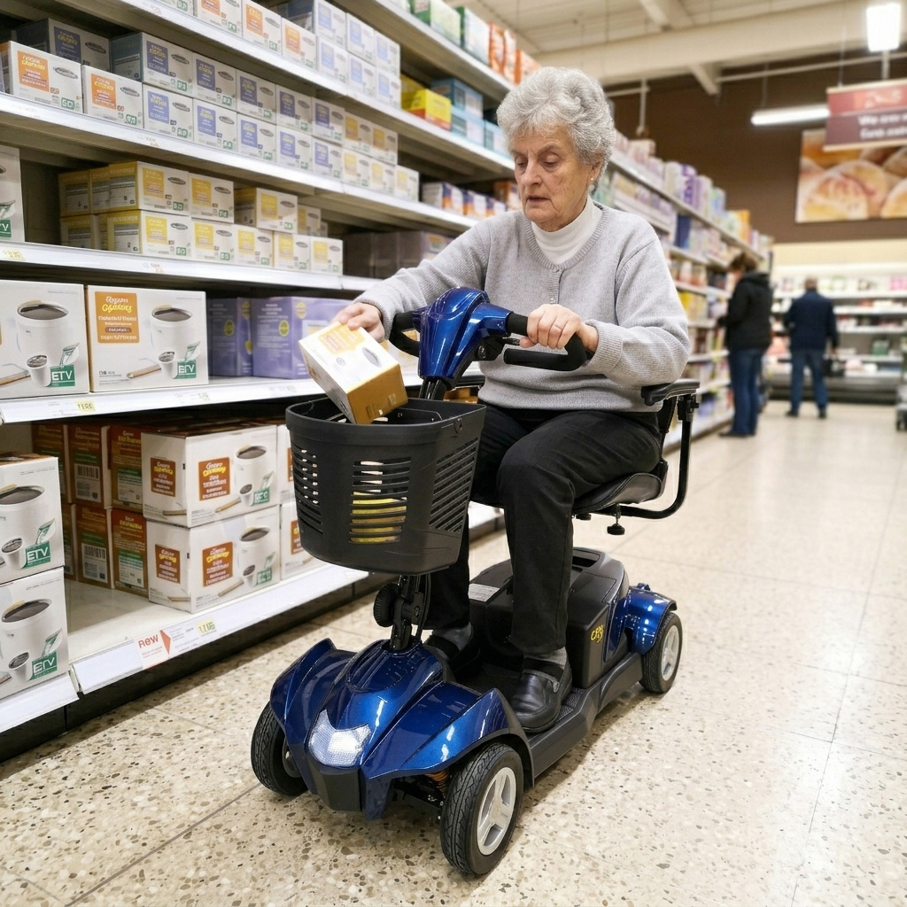 Elderly woman shopping in a grocery store aisle while driving a blue City Rider mobility scooter.