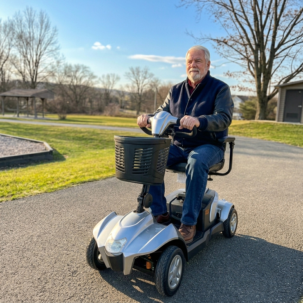 Senior man in a jacket riding a silver City Rider four-wheel mobility scooter on a paved park path.