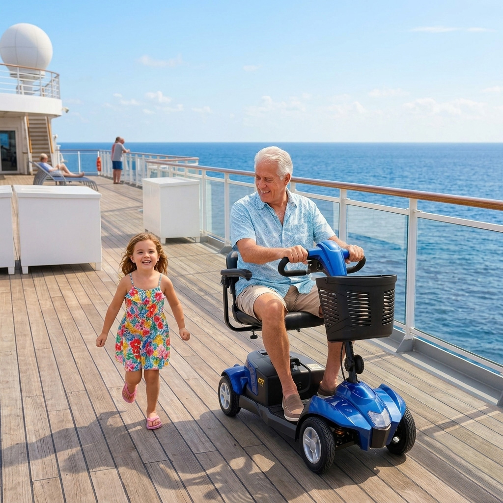 Man driving a blue City Rider mobility scooter holding hands with a young girl on a cruise ship deck.