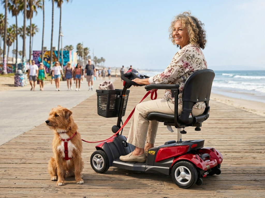 Latina woman driving a red City Rider mobility scooter on a beach boardwalk with her leashed dog walking alongside.