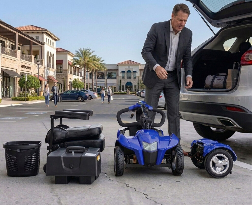 Senior man loading a dismantled green City Rider mobility scooter base into a car trunk.