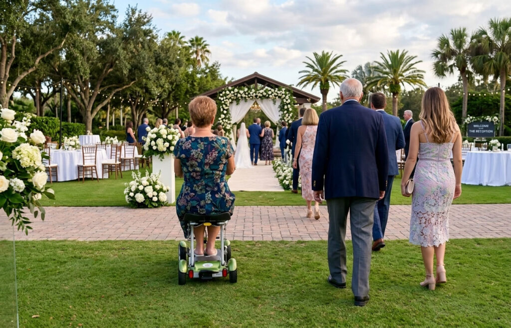 A woman using a green EV Rider Gypsy Q2 folding mobility scooter to comfortably attend an outdoor garden wedding ceremony.