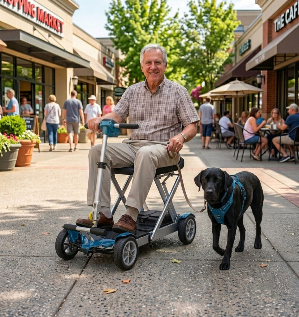 An elderly man smiling while riding a blue EV Rider Gypsy Q2 mobility scooter down a city sidewalk next to his black dog on a leash.