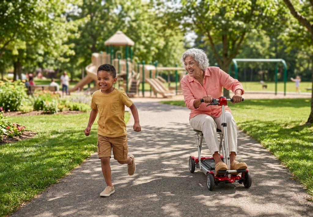 A joyful Hispanic grandmother riding a red EV Rider Gypsy Q2 mobility scooter while chasing her young grandson down a sunny park pathway.