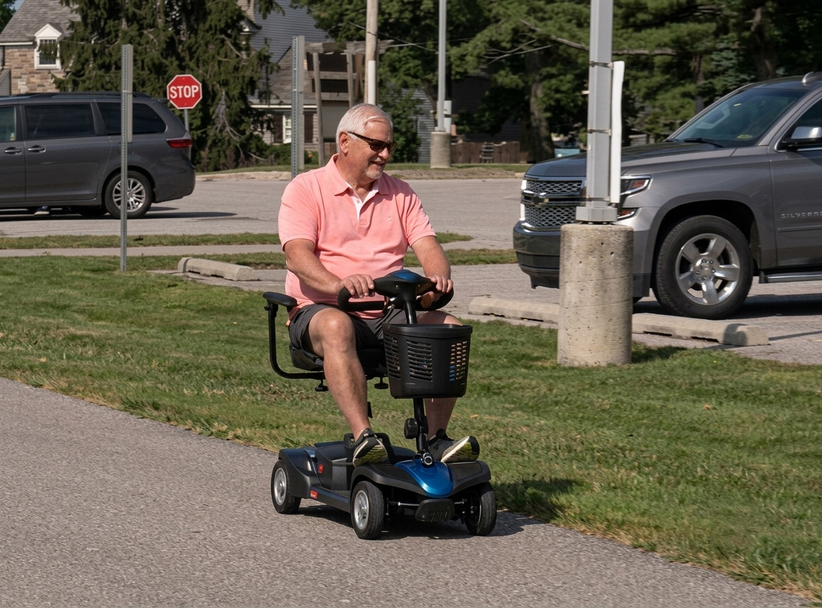 A woman riding an EV Rider Nomad lightweight mobility scooter with full suspension, enjoying an outdoor shopping excursion