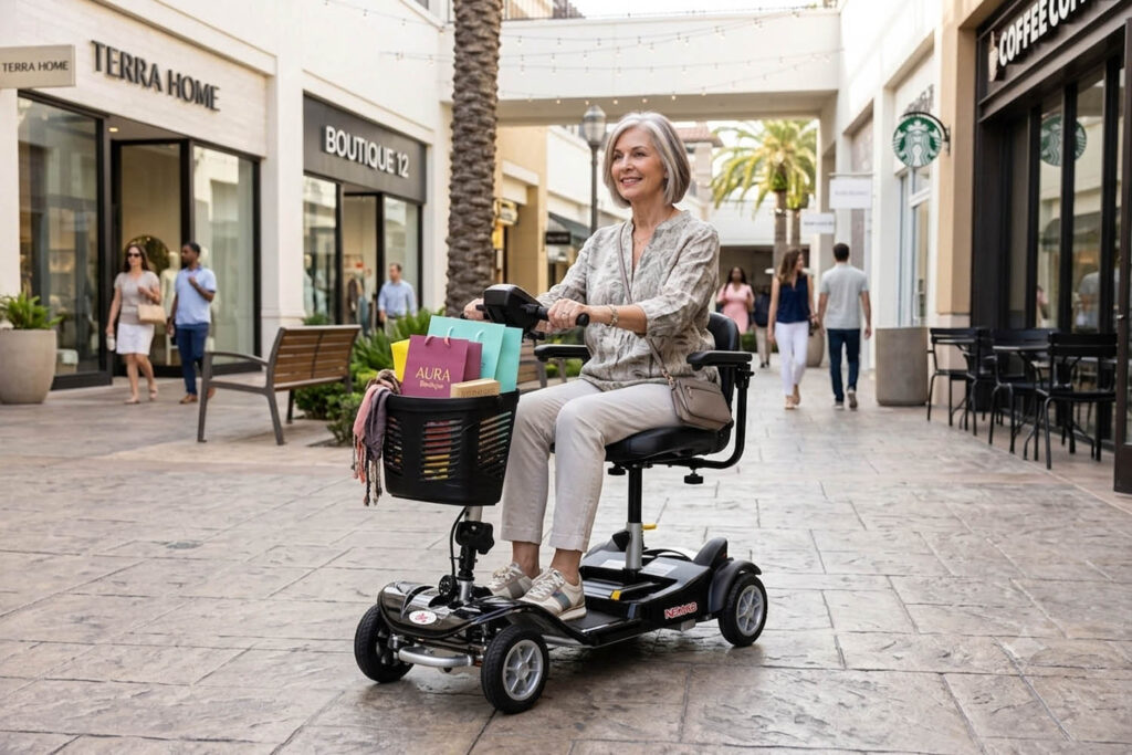 A woman riding an EV Rider Nomad lightweight mobility scooter with full suspension, enjoying an outdoor shopping excursion