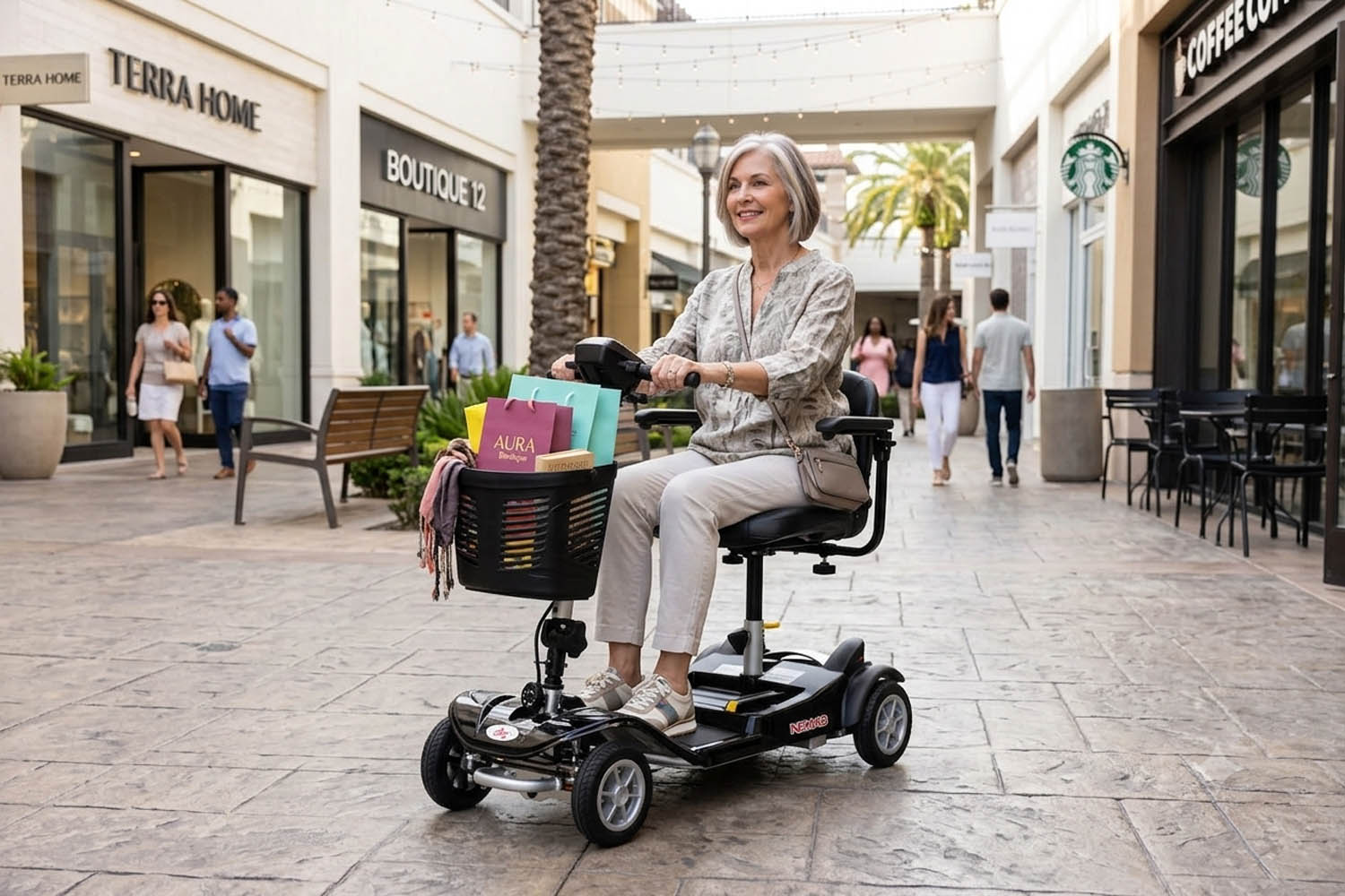 nomad-001 A woman riding an EV Rider Nomad lightweight mobility scooter with full suspension, enjoying an outdoor shopping excursion