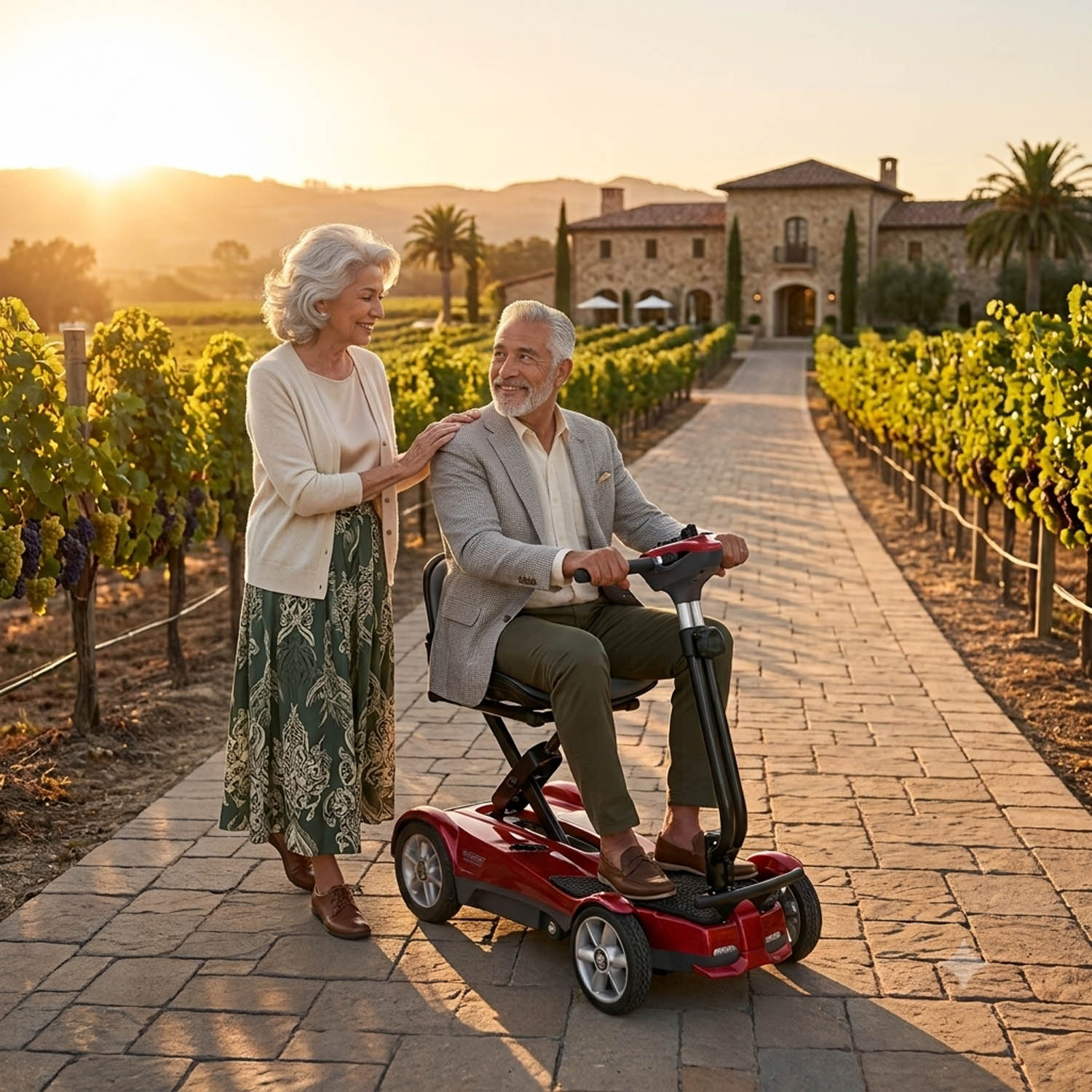 transport-003 An older couple at a vineyard resort with the man riding a red EV Rider Transport folding scooter, illustrating freedom of movement.