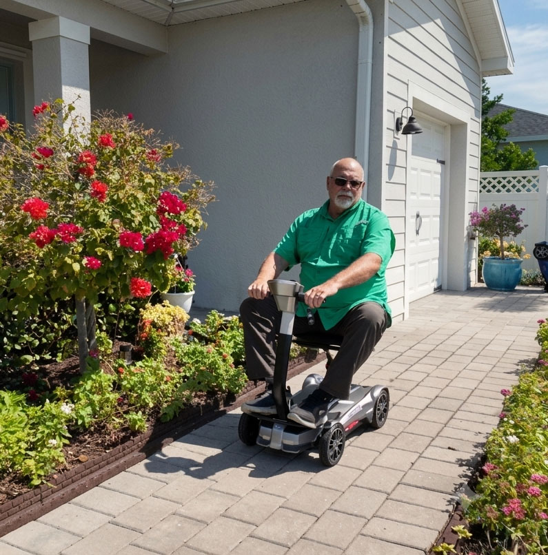 Man riding his EV Rider mobility scooter along a garden path