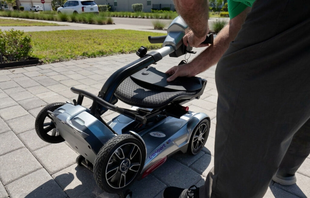 Man folding EV Rider Transport 4M mobility scooter outdoors