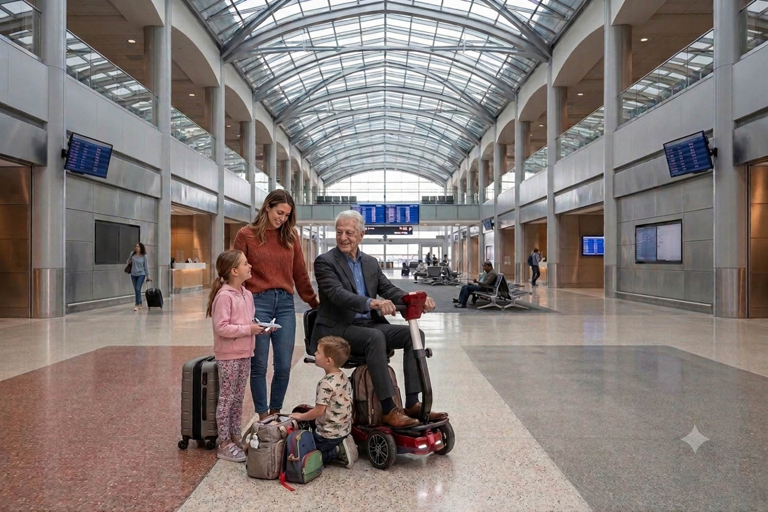 transport4m-002 A smiling senior man on a red EV Rider Transport 4W 4-wheel folding mobility scooter with his family and luggage at a large airport terminal, ready for travel