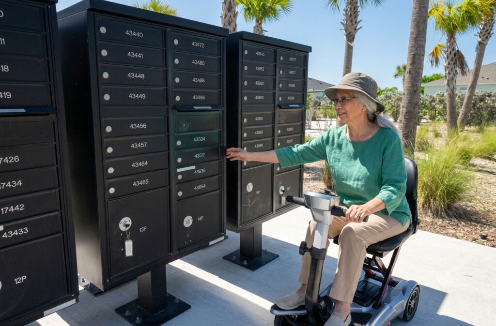 Senior woman checking mailbox from her 4-wheel mobility scooter