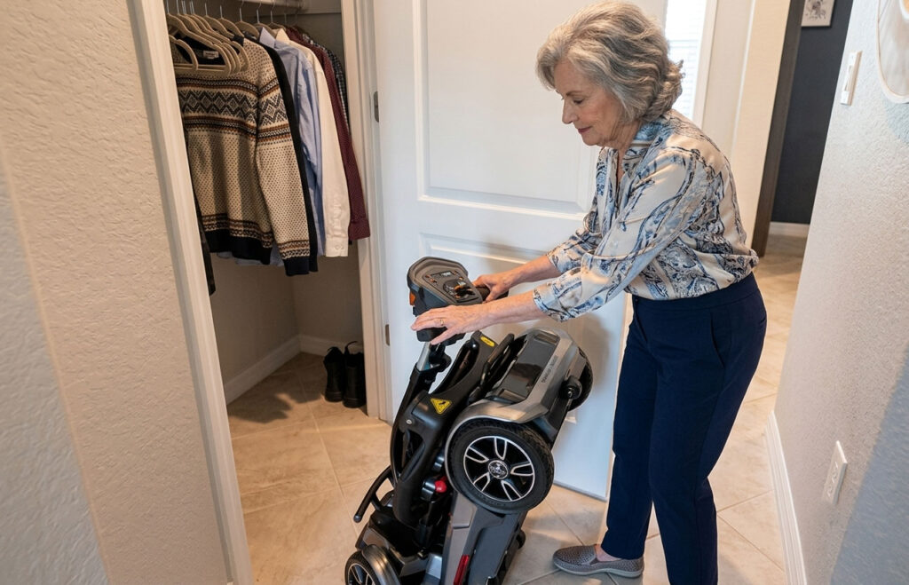 Transport 4M scooter folded and stored in a home closet